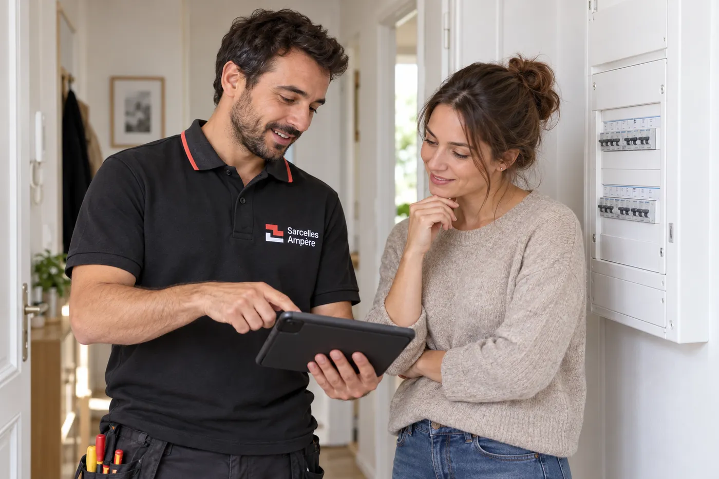 Électricien en polo Sarcelles Ampère présentant sur tablette le relevé de conformité à une habitante, près du tableau électrique