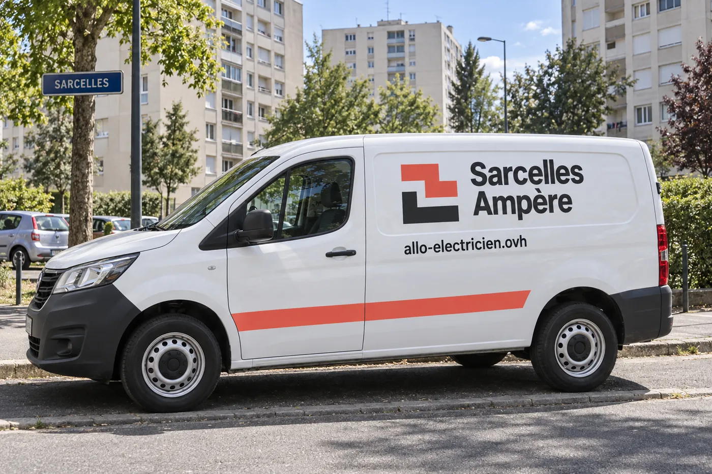 Utilitaire blanc aux couleurs de Sarcelles Ampère, avec l'adresse allo-electricien.ovh, garé dans une rue de Sarcelles